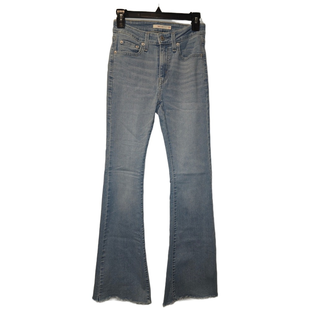 Levis‎ 726 High Rise Flare Jeans Light Wash Raw Hem Denim Womens 26 Blue